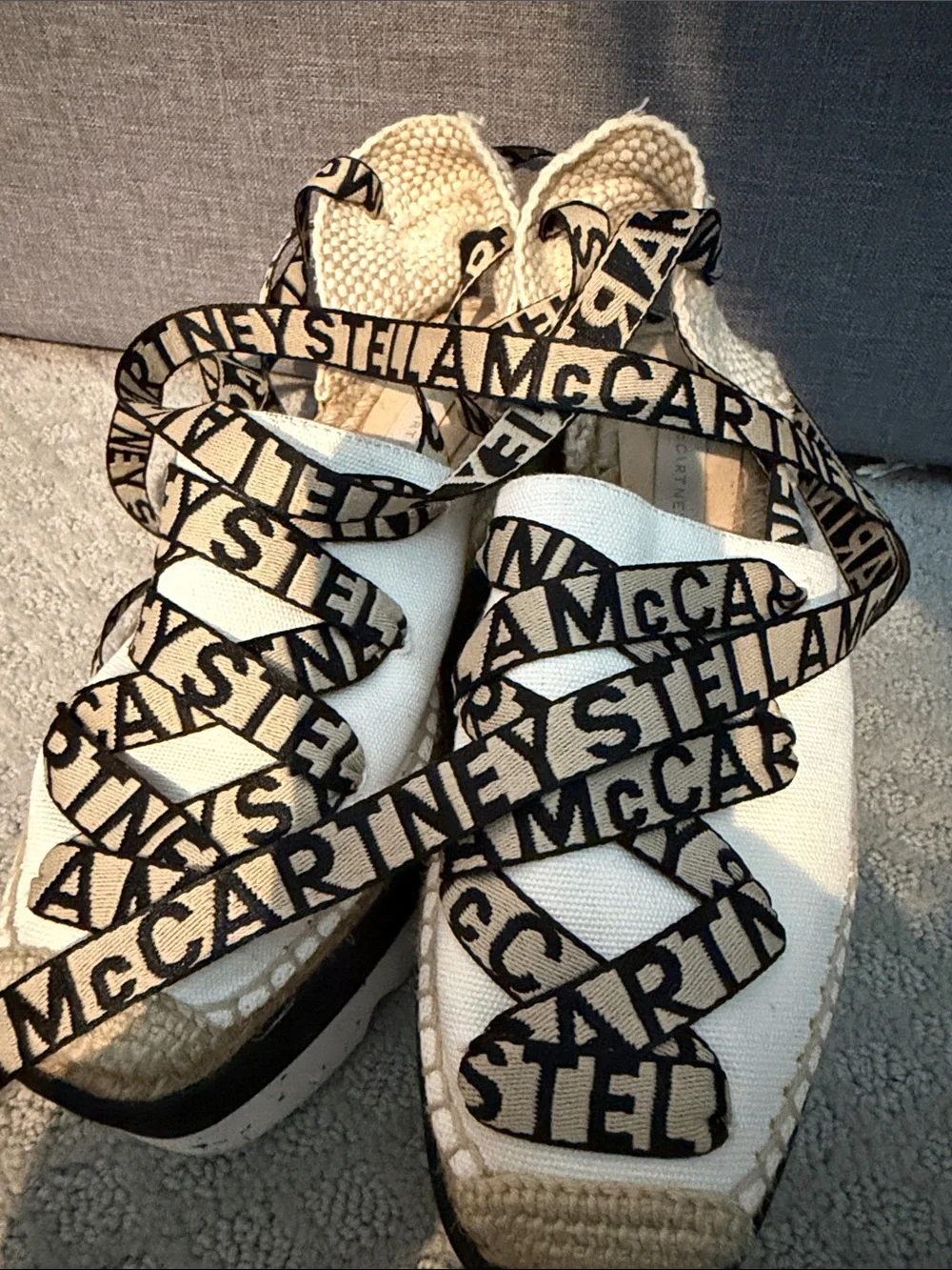Stella McCartney Cream Platform Espadrille Sandals with Logo Ribbon